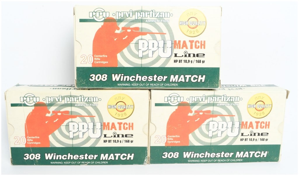 A Lot of 53 Prvi Partizan Match Line Ammunition .308 Winchester 168 Grain HP BT: This lot comprises 53 rounds of Prvi Partizan (PPU) Match Line ammunition chambered in .308 Winchester. The cartridges are loaded with 168 grain (10.9 g) Hollow Point Boat Tail (HP BT) projectiles, in