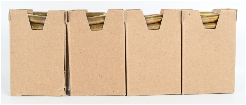 A Lot of 150 Rounds of 5.56x45mm NATO M855 Ammunition: This lot consists of 150 rounds of 5.56x45mm NATO ammunition, specifically the M855 ball variant featuring 62-grain steel-core projectiles. The cartridges are organized onto 10-round metal stripper cl
