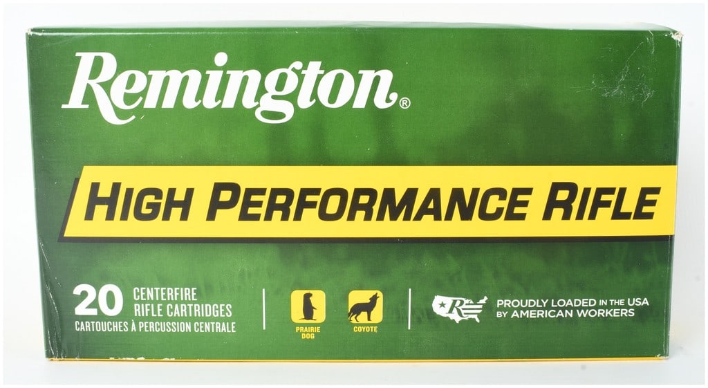 A Lot of 20 Remington High Performance Rifle Ammunition .220 Swift: One box of 20 factory-loaded Remington High Performance Rifle centerfire cartridges chambered in .220 Swift. This lot features 50-grain Pointed Soft Point bullets. The ammunition is held in a black