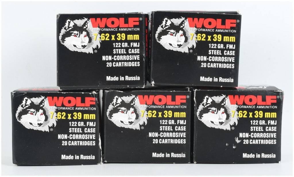 A Lot of 100 Rounds of Wolf Performance Ammunition 7.62x39mm 122 Grain Full Metal Jacket: This lot consists of 100 rounds of Russian-manufactured Wolf Performance Ammunition chambered for the 7.62x39mm cartridge. The ammunition is distributed across five individual 20-round boxes, each con