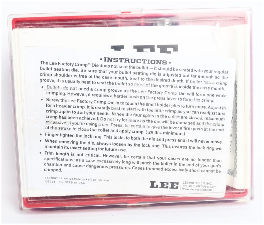 Lee Precision 357 Sig Reloading Die Set Model 90270: A Lee Precision reloading die set for 357 Sig caliber ammunition, model number 90270. This collection of reloading tools is housed in a red plastic storage case. The set includes multiple steel dies w