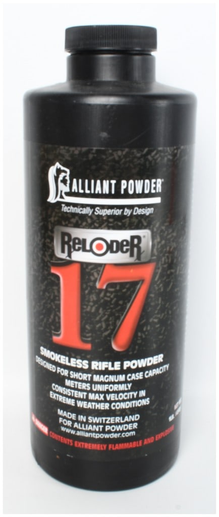 Alliant Powder Reloder 17 Smokeless Rifle Powder 1 lb: A 1 lb container of Alliant Powder Reloder 17, a smokeless rifle powder specifically formulated for short magnum case capacity. The product is manufactured in Switzerland for Alliant Powder, located
