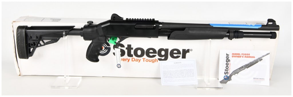 Stoeger P3000 Tactical Pump Action Shotgun 12 Gauge with 18.5 Inch Barrel: This Stoeger Model P3000 Tactical is a pump-action 12-gauge shotgun optimized for home defense and features a matte black finish on its 18.5-inch barrel and receiver. The barrel is chambered for 3-inc