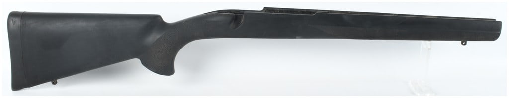 Synthetic Rifle Stock for a Ruger 77 Short Action: A black synthetic bolt-action rifle stock designed for use with a Ruger 77 short action (S/A) right-handed rifle. The stock is constructed from a black composite material with integrated textured pane