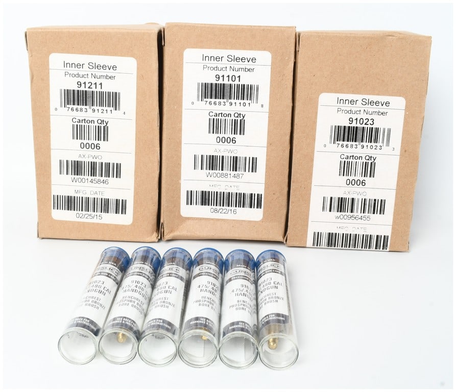 18 Gunslick Pro .475/.480 Caliber Phosphor Bronze Handgun Bore Brushes and Shipping Boxes: This collection consists of 18 Gunslick Pro Benchrest phosphor bronze bore brushes intended for .475/.480 caliber handguns. Each bore brush is individually packaged in a clear plastic tube with a blue