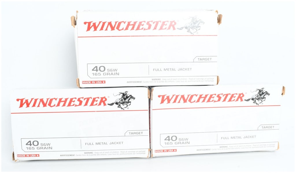 A Lot of 150 Rounds of Winchester Target Ammunition .40 S&W 165 Grain Full Metal Jacket: This lot consists of 150 rounds of Winchester brand centerfire handgun ammunition chambered in .40 S&W. The ammunition is contained in three original cardboard boxes, each housing an internal tray des