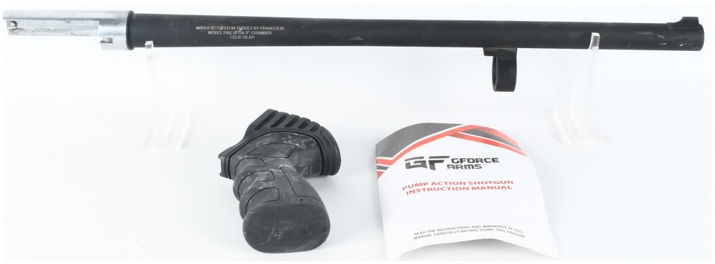 A Lot of 2 Francolin Model PAX Pump Action Shotgun Components 12 Gauge with Barrel: This lot of two components consists of a shotgun barrel and a polymer pistol grip designed for a pump-action shotgun chambered in 12 gauge. The barrel features a matte black finish with a bright metal