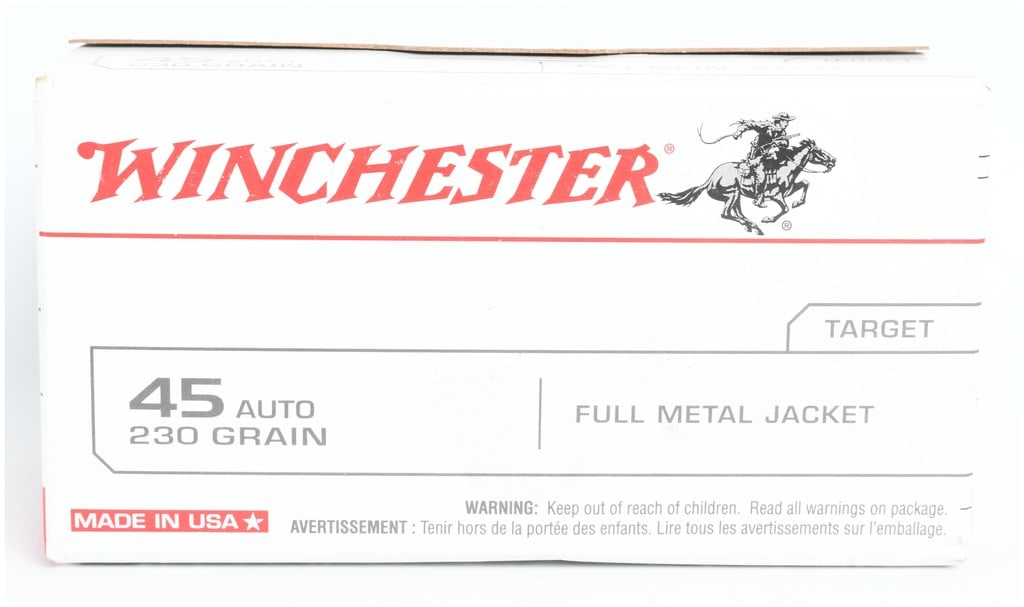 Winchester Target .45 Auto 230 Grain Full Metal Jacket Ammunition 100 Rounds: This lot consists of 100 rounds of Winchester Target brand centerfire handgun ammunition chambered in .45 Auto. These cartridges feature 230 grain Full Metal Jacket (FMJ) bullets designed to provide r