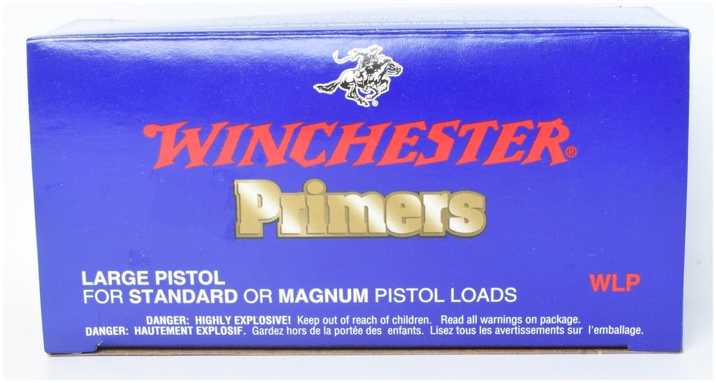 One Box of 1,000 Winchester Large Pistol Primers No. WLP: This lot consists of one box of 1,000 primers manufactured by Winchester, specifically the Large Pistol variety designated as No. WLP. These primers are intended for use in both standard and magnum pi