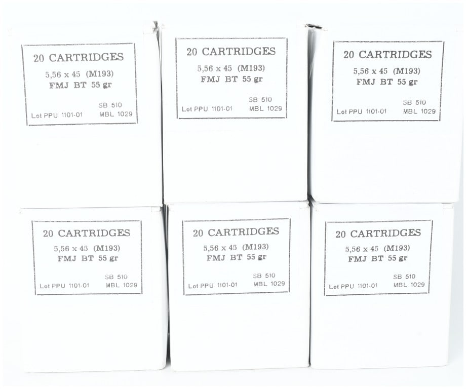 A Lot of 120 Rounds of Prvi Partizan M193 5.56x45mm NATO Ammunition: This lot consists of 120 rounds of centerfire rifle ammunition, professionally packaged in six individual white cardboard boxes containing 20 rounds each. The ammunition is the M193 variant of the 5.5