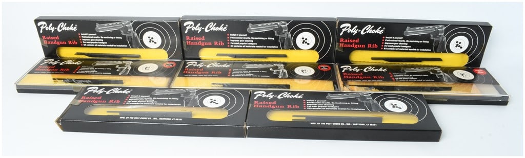 Eight Poly-Choke Raised Handgun Rib Accessory Kits: A collection of eight vintage firearm accessory kits for raised handgun ribs manufactured by The Poly-Choke Co., Inc. The assortment includes seven kits for the Ruger Security Six with a 4-inch barrel