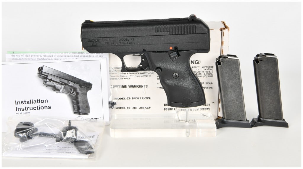 Hi-Point Model C9 Semi-Automatic Pistol 9mm Luger: This lot features a Hi-Point Firearms Model C9 semi-automatic pistol chambered in 9mm Luger, appearing in brand new condition. The handgun is constructed with a black powder-coated textured slide and 
