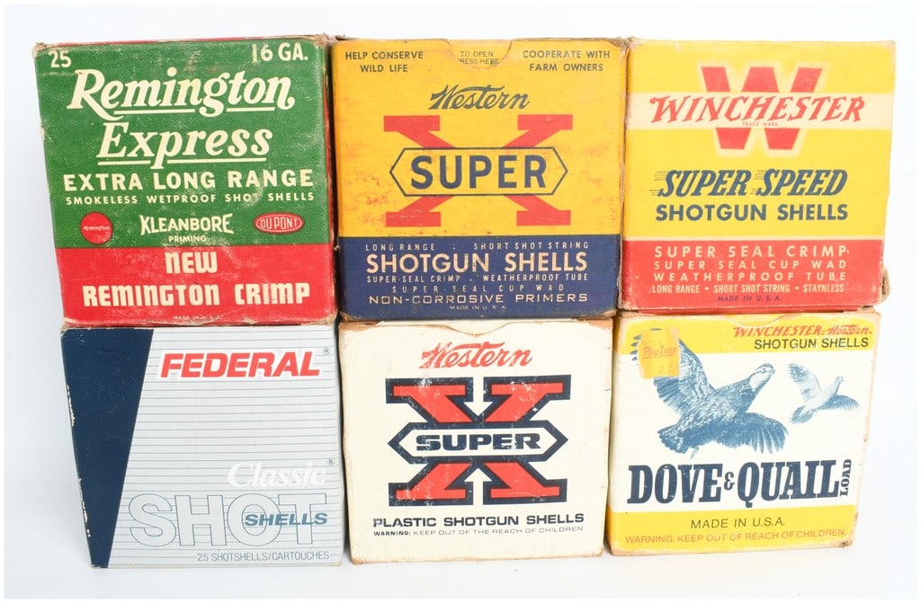 A Lot of 142 Federal Winchester Western and Remington 16 Gauge Shotgun Ammunition: This lot comprises 142 rounds of 16-gauge shotgun ammunition contained within six boxes from several prominent manufacturers including Federal, Western, Winchester, and Remington. The collection repre