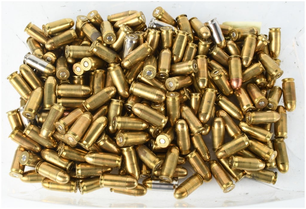 A Lot of 200 Mixed Manufacturer .45 ACP Handgun Ammunition: This bulk lot consists of 200 loose handgun cartridges chambered in .45 Auto (ACP), a caliber also known as .45 Automatic Colt Pistol. The collection features a variety of casing finishes, including s