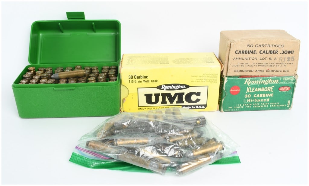 A Lot of 234 Mixed Manufacturer .30 Carbine Ammunition: This lot consists of a total of 234 cartridges of .30 Carbine (also designated as .30M1) ammunition from various manufacturers and in several projectile configurations. The collection is housed in sev