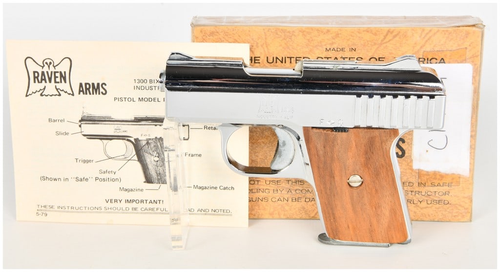 Raven Arms Model P-25 Semi-Automatic Pistol .25 Auto with 2.4 Inch Barrel: This is a Raven Arms Model P-25 semi-automatic pocket pistol chambered in .25 Auto. The firearm is equipped with a 2.4-inch barrel, a bright chrome-plated finish, and smooth walnut grips. Key markings