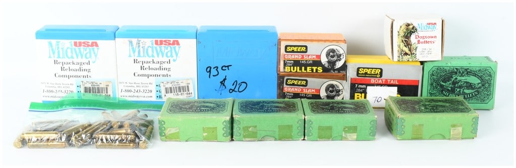 A Lot of 13 Reloading Components Including Sierra, Speer, and Midway USA Projectile Bullets: This lot comprises a collection of 13 reloading component units consisting of over 1,000 projectile bullets and a quantity of spent rifle brass. Included are five 100-count boxes of Sierra .30 caliber