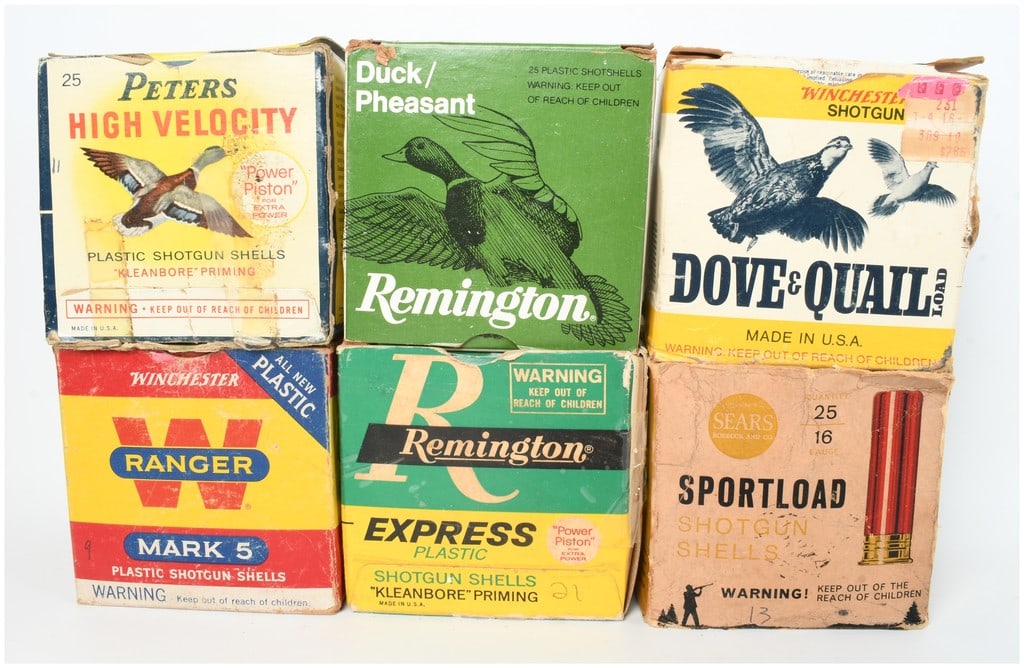 A Lot of 104 Peters Remington Winchester and Sears 16 Gauge Shotgun Ammunition: This lot consists of 104 16-gauge shotgun shells housed in six period-correct cardboard boxes from several prominent American manufacturers. The collection includes two Remington boxes identified as D