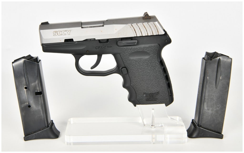 SCCY CPX-2 Double Action Only Semi-Automatic Pistol 9mm with 3.1 Inch Barrel: This SCCY CPX-2 is a subcompact double action only semi-automatic pistol chambered in 9mm designed for concealed carry. It features a 3.1 inch barrel and a two-tone finish consisting of a satin-finish