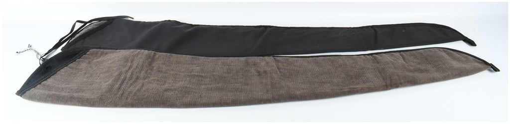 A Pair of Padded Fabric Protective Breakdown Shotgun or Rifle Sleeves: A pair of long, tapered protective sleeves designed for the storage and transport of a disassembled breakdown shotgun or rifle. One sleeve is constructed from a durable black synthetic canvas, while