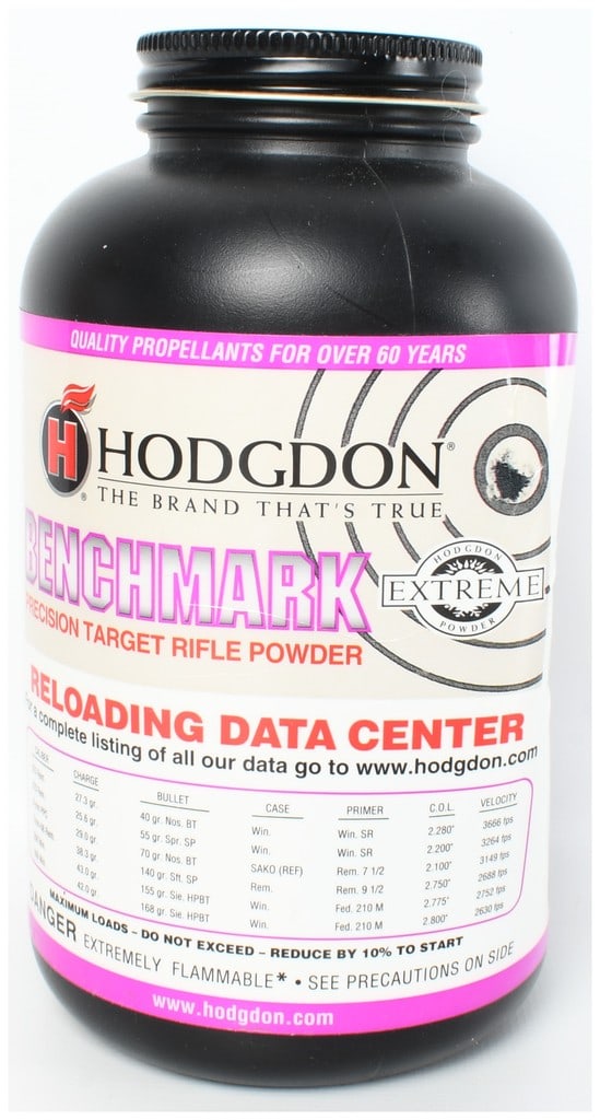 Hodgdon Benchmark Extreme Smokeless Rifle Powder 1lb Container: One-pound (454 grams) container of Hodgdon Benchmark Extreme smokeless propellant, marketed as Precision Target Rifle Powder. The item features a black plastic bottle with a textured black metal