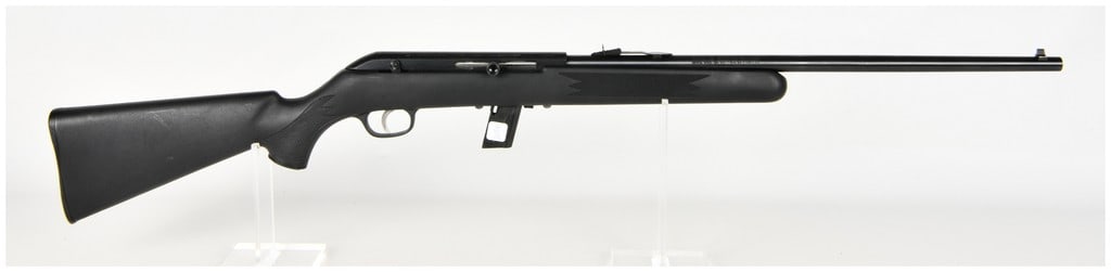 Savage Model 64 Semi-Automatic Rifle .22 Long Rifle with 21 Inch Barrel: This is a Savage Model 64 semi-automatic rifle chambered for .22 Long Rifle. The firearm features a 21-inch blued barrel equipped with an adjustable leaf rear sight and a fixed ramped blade front sigh