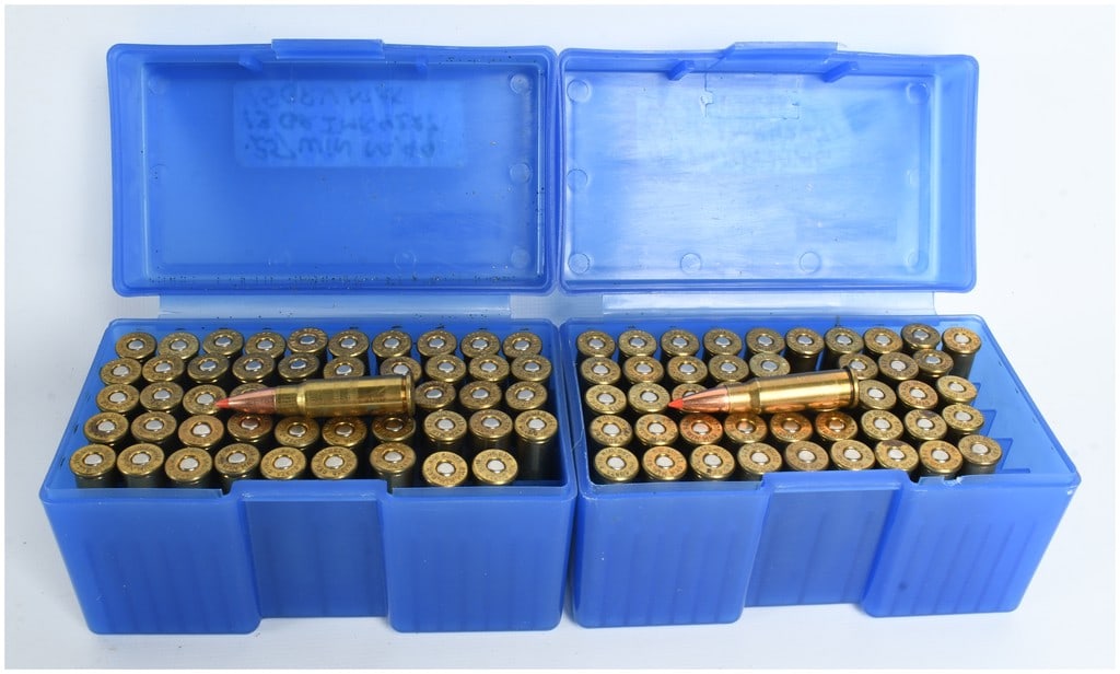 A Lot of 96 Rounds of Winchester .256 Winchester Magnum Ammunition: This lot consists of 96 rounds of .256 Winchester Magnum centerfire rifle ammunition housed in two blue MTM Case-Gard 50-round flip-top plastic boxes. The cartridges are loaded with copper-jacketed pr