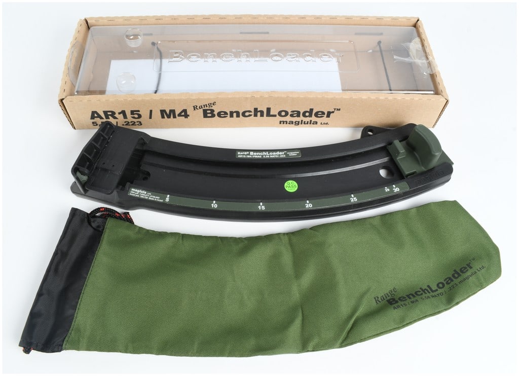 Maglula Range BenchLoader 30 Round Magazine Loader: This lot features a Maglula Ltd. Range BenchLoader, a heavy-duty 30-round magazine loader designed for AR15, M4, and PMAG compatible magazines in 5.56 NATO and .223 Remington calibers. The unit is