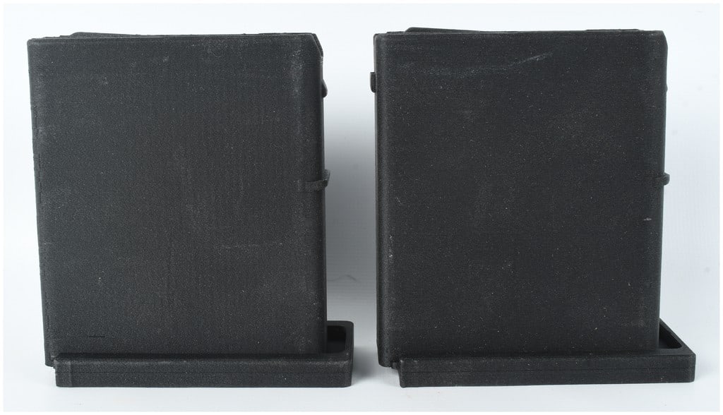 A Pair of 3D-Printed Polymer Rifle Magazines: This lot consists of a pair of 3D-printed black polymer rifle magazines of unknown chambering, likely intended for experimental or prototype use. Both items exhibit characteristic fused deposition