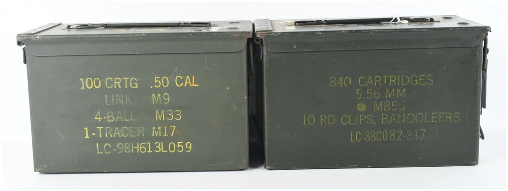 Two US Military M2A1 Steel Ammunition Cans for .50 Caliber and 5.56mm: This lot consists of two US military M2A1 steel ammunition containers used for the transport and storage of small arms cartridges. Each container is constructed of heavy-gauge carbon steel with an oli