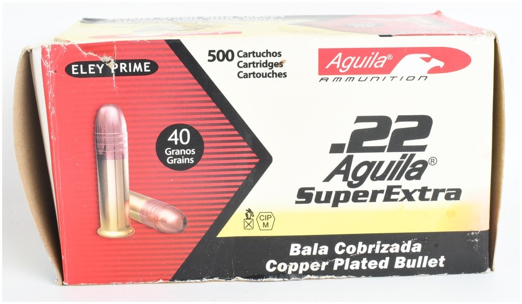 Aguila SuperExtra Rimfire Ammunition .22 Long Rifle with 40 Grain Copper Plated Bullets A Lot of 500: This lot consists of 500 rounds of Aguila SuperExtra .22 Long Rifle rimfire ammunition featuring 40 grain copper plated solid point bullets. These high velocity cartridges are manufactured using Eley 