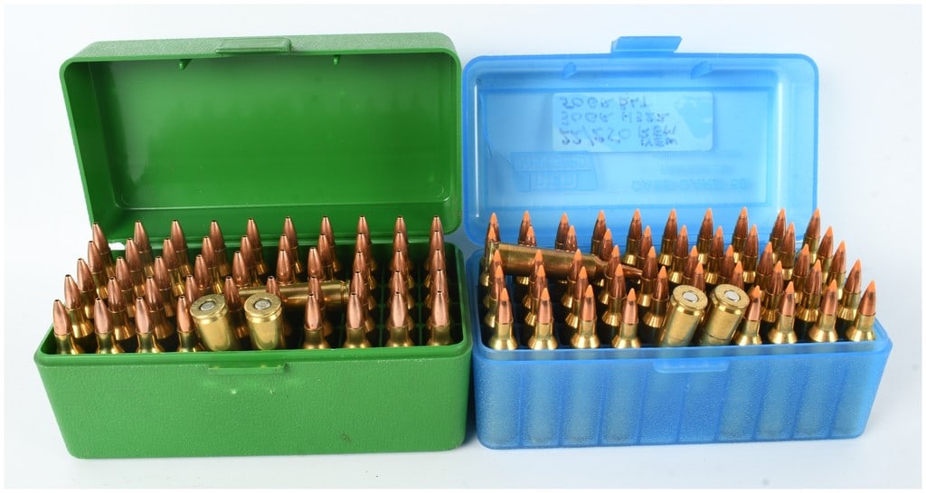 A Lot of 102 Rounds of .22-250 Remington Ammunition: This lot consists of 102 rounds of .22-250 Remington centerfire ammunition, organized within two plastic storage cases. The collection contains 50 rounds fitted with copper-jacketed hollow-point bulle