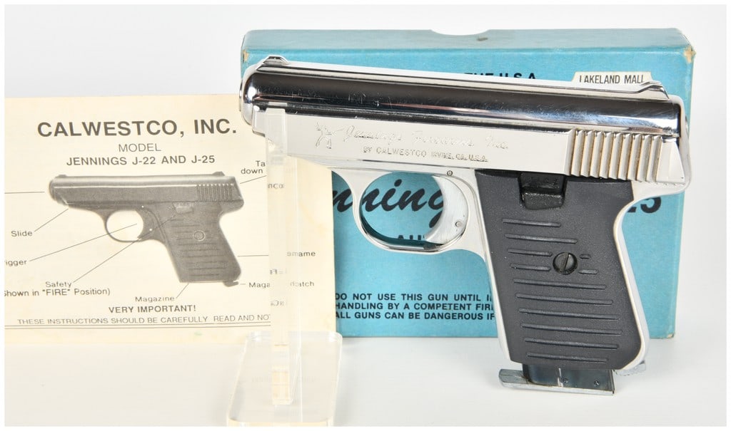 Jennings Model 25 Semi-Automatic Pistol .25 Auto with 2.5 Inch Barrel: This lot features a Jennings Model 25 semi-automatic pocket pistol chambered in .25 Auto with a 2.5 inch barrel. The firearm is designed with a blowback action and features a bright chrome finish on b