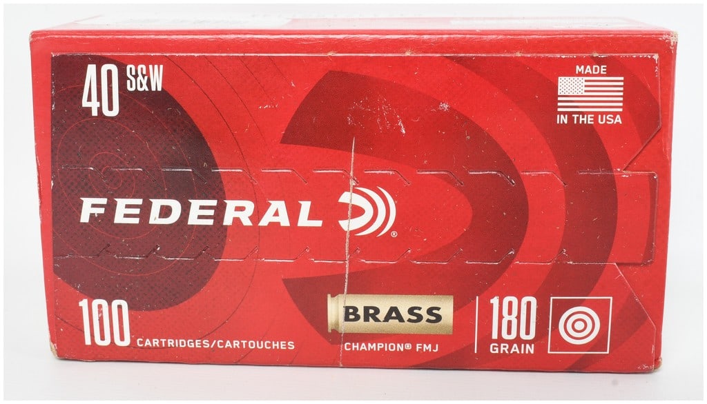 Federal Champion Full Metal Jacket Handgun Ammunition 40 S&W: This lot contains 100 rounds of Federal Champion 40 S&W handgun ammunition, featuring 180-grain full metal jacket (FMJ) projectiles and reloadable brass casings. This ammunition is designed for consis