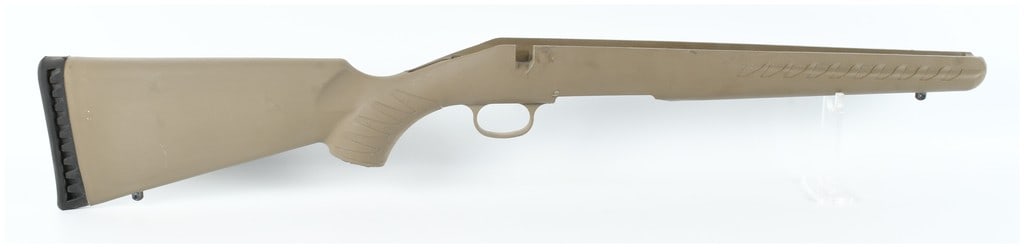 Ruger American Short Action Synthetic Rifle Stock in Flat Dark Earth: A Ruger American S/A synthetic rifle stock constructed from Flat Dark Earth polymer. This short action stock features the model's distinctive diagonal, stylized textured grip and forend patterns, an i