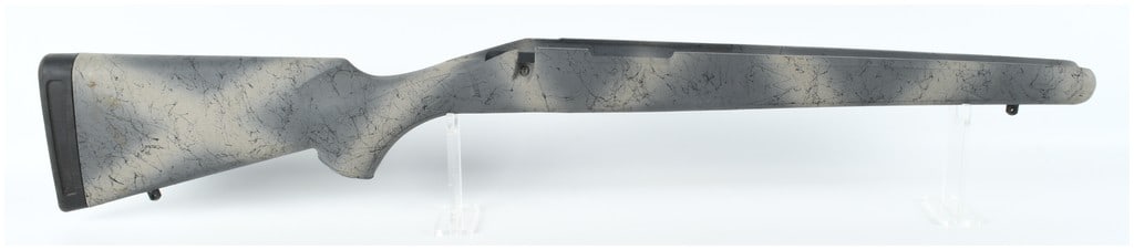 Bergara B-14 Short Action Synthetic Rifle Stock: A Bergara factory B-14 short action synthetic rifle stock featuring a grey and tan marbleized camouflage finish with a black spiderweb pattern. This right-handed stock includes a black rubber recoil p
