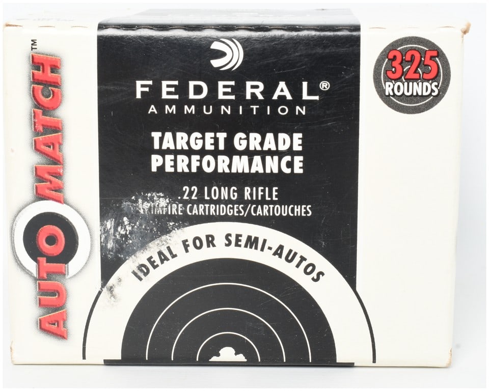 Federal Auto Match Ammunition .22 Long Rifle 325 Rounds: This lot features one bulk pack containing 325 rounds of Federal Ammunition Auto Match Target Grade Performance .22 Long Rifle rimfire cartridges. These rounds are specifically designed for use in sem