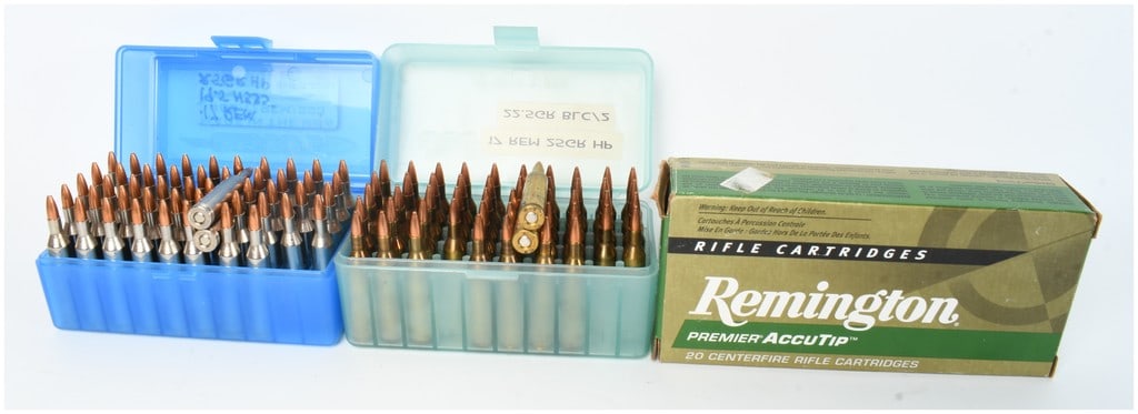 A Lot of 124 Rounds of Remington .17 Remington Centerfire Rifle Ammunition: This lot consists of 124 total rounds of .17 Remington centerfire rifle ammunition, comprising both factory-loaded cartridges and a collection of hand-loaded rounds. The assembly includes one original