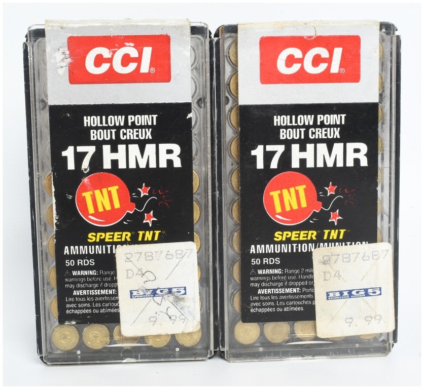 A Lot of 130 Rounds of CCI Speer TNT Rimfire Ammunition .17 HMR: This lot consists of a total of 130 rounds of .17 HMR rimfire ammunition manufactured by CCI. Each cartridge is loaded with a 17-grain Speer TNT jacketed hollow point projectile, designed for varmint 