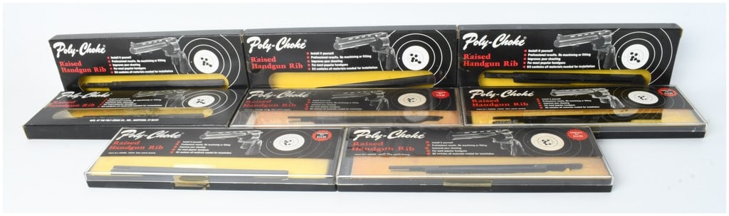 Eight Poly-Choke Raised Handgun Rib Kits in Original Packaging: A collection of eight vintage Poly-Choke raised handgun rib kits manufactured by The Poly-Choke Co., Inc. of Hartford, Connecticut. The lot consists of eight individual kits in their original retail c