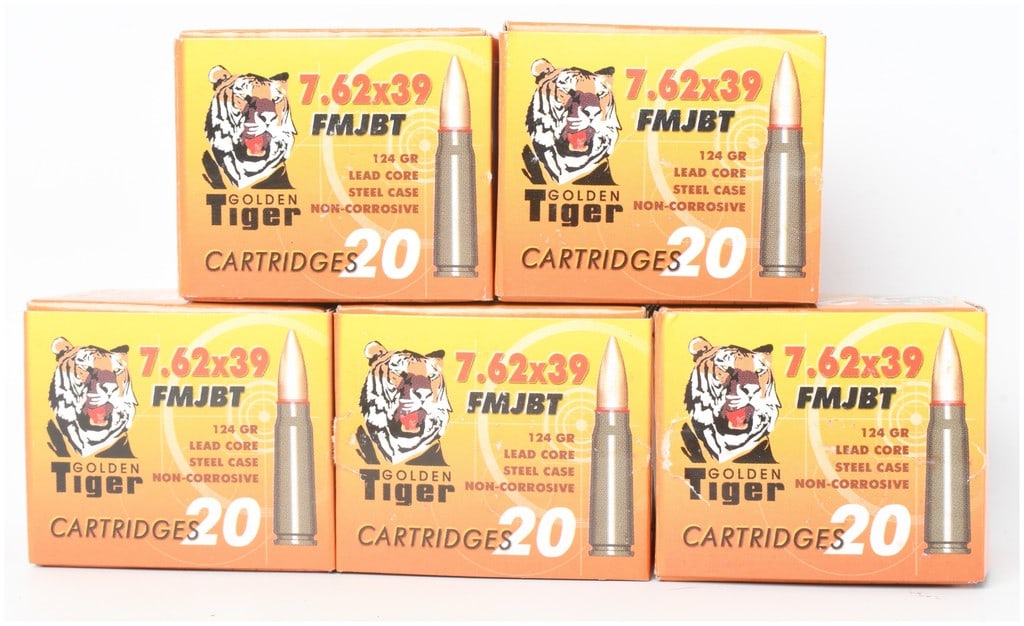 A Lot of 100 Rounds Golden Tiger FMJBT Ammunition 7.62x39mm: This lot comprises 100 rounds of Golden Tiger brand 7.62x39mm ammunition, organized into five individual 20-round factory boxes. Produced at the Vympel plant in Russia, these cartridges feature 124-gr