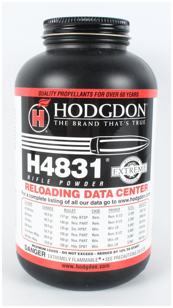 Hodgdon H4831 Extreme Rifle Powder, 1 Pound: One pound of powder consisting of Hodgdon H4831 Extreme smokeless rifle powder. The product is housed in a black plastic canister with a black screw-top lid. The front label features the Hodgdon logo,