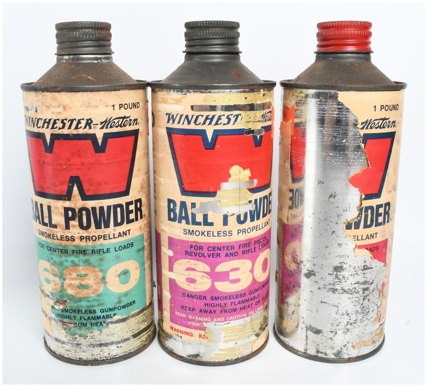 Three Vintage Winchester-Western Ball Powder Smokeless Propellant Metal Containers: A trio of vintage metal containers manufactured by the Winchester-Western Division of Olin, designed for Ball Powder smokeless propellant. Each container originally featured a lithographed paper label