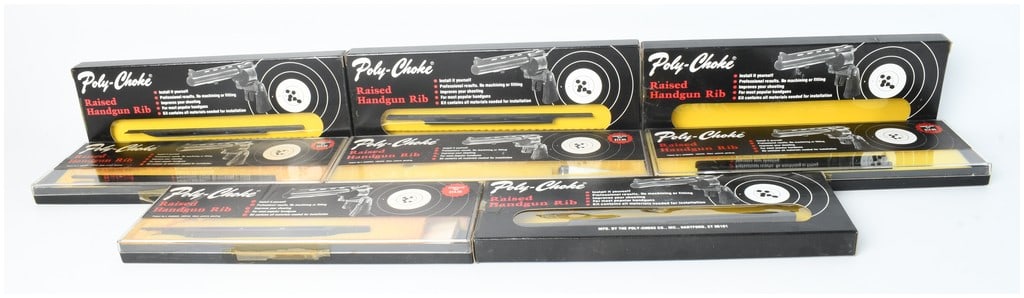 8 Poly-Choke Raised Handgun Ribs: A collection of 8 Raised handgun Ribs manufactured by The Poly-Choke Co., Inc. of Hartford, Connecticut. These vintage firearm accessories are designed for self-installation to provide a raised sighti
