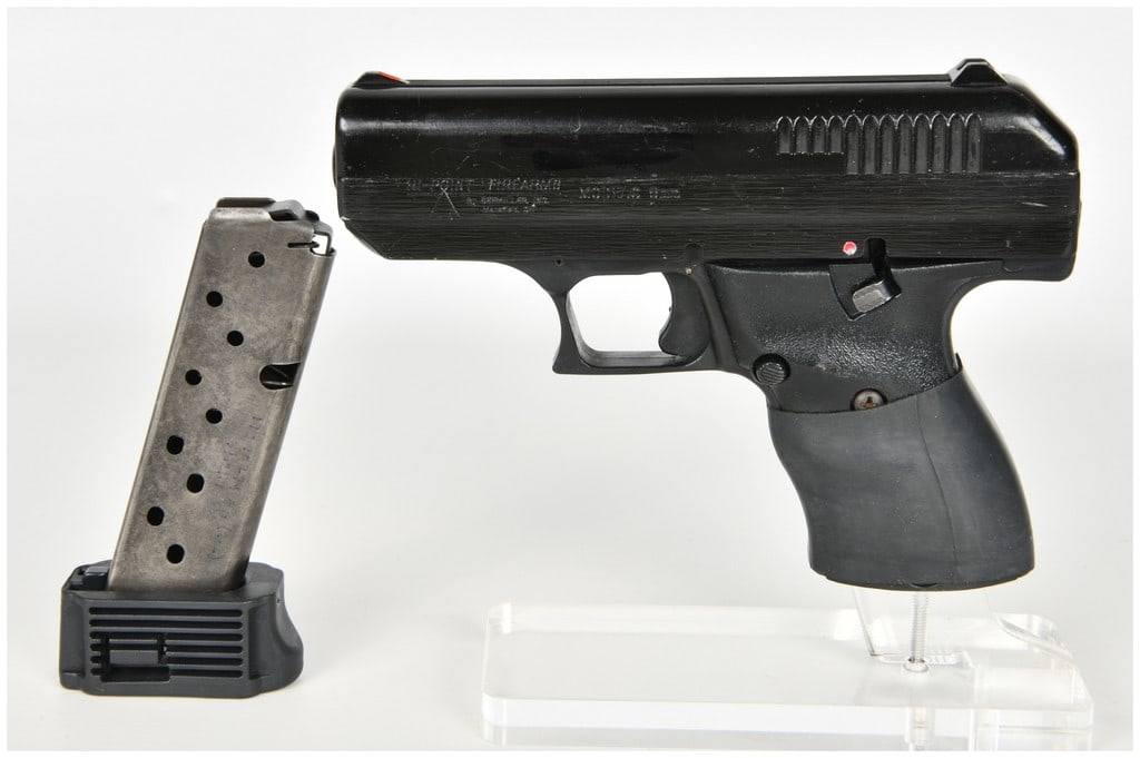 Hi-Point Firearms Model C Semi-Automatic Pistol 9mm with 3.5 Inch Barrel: This Hi-Point Firearms Model C is a blowback-operated semi-automatic pistol chambered in 9mm. It is designed with a heavy steel slide and a black polymer frame, featuring a 3.5 inch barrel. The pistol