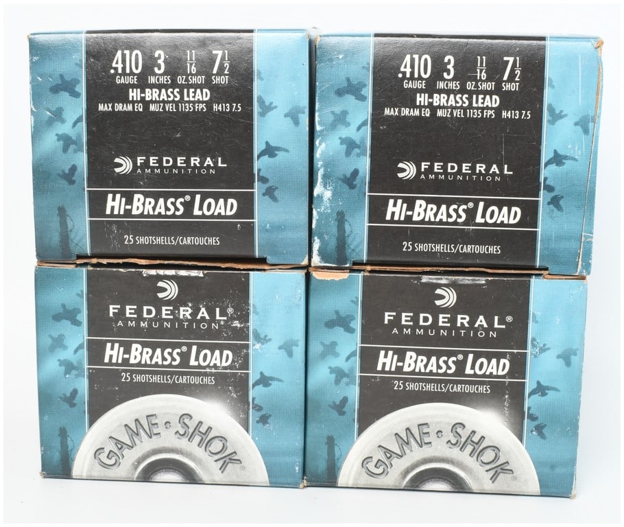 A Lot of 100 Rounds of Federal Game-Shok Hi-Brass Load .410 Gauge Ammunition: This lot consists of 100 rounds of Federal brand Game-Shok Hi-Brass Load ammunition in .410 gauge, specifically configured with 3-inch (76mm) shells containing 11/16 oz of lead shot. The collection is
