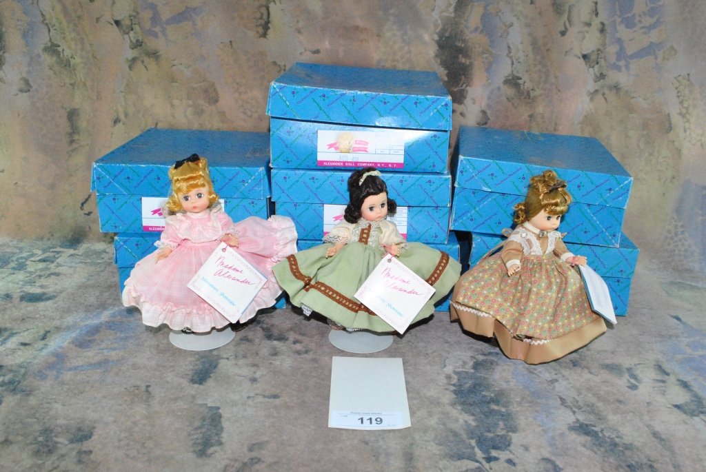 LOT OF THREE MADAME ALEXANDER MINIATURE: SHOWCASE PORCELAIN DOLLS COMES WITH COA, WE HAVE MEG 408, BETH 406 AND AMY 405, THEN THERE IS FOUR OTHER DOLLS ENCLOSED BUT MAY BE BROKE BUT CAN BE USED FOR PARTS THEY HAVE THE ORIGINAL BOX AND STANDS