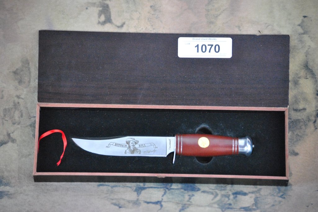 Falkner Buffalo Bill knife in a presentation case: Falkner Buffalo Bill knife in a presentation case overall knife is 9" and appears to be new. marked limited edition stainless
