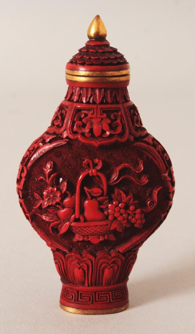 A CHINESE CINNABAR LACQUER SNUFF BOTTLE & STOPPER, (1 of 5)