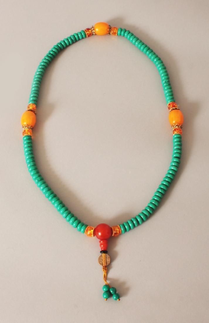 A CHINESE MALACHITE & AMBER STYLE NECKLACE, approx. (1 of 5)
